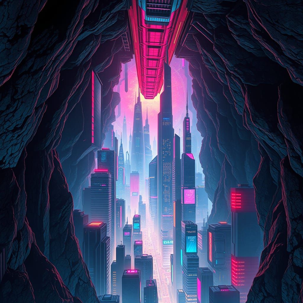 Inverted Futuristic Metropolis Rises from Subterranean Depth...