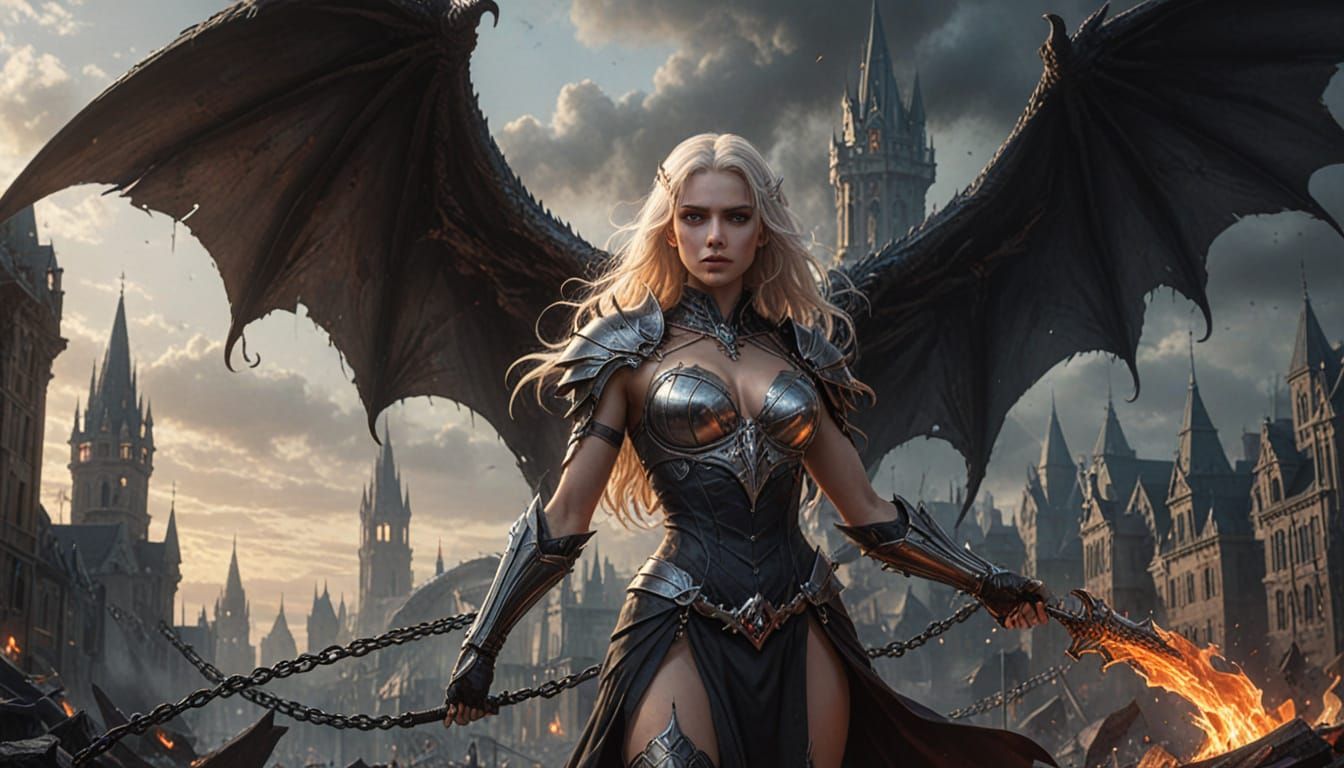 Dark Fantasy Sorceress and Dragon Skull Landscape