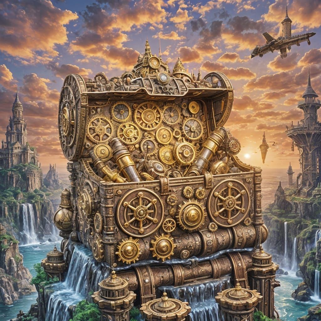 Steampunk Treasure Chest Overflowing on Floating Island