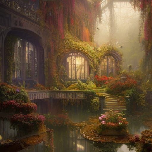 Crystal Cube and Victorian Mansion, Hyperdetailed 3D Art