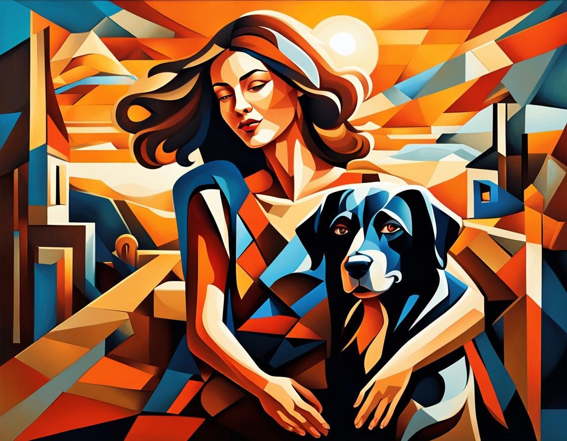Romantic Sunset: Woman and Dog in Cubist Oil