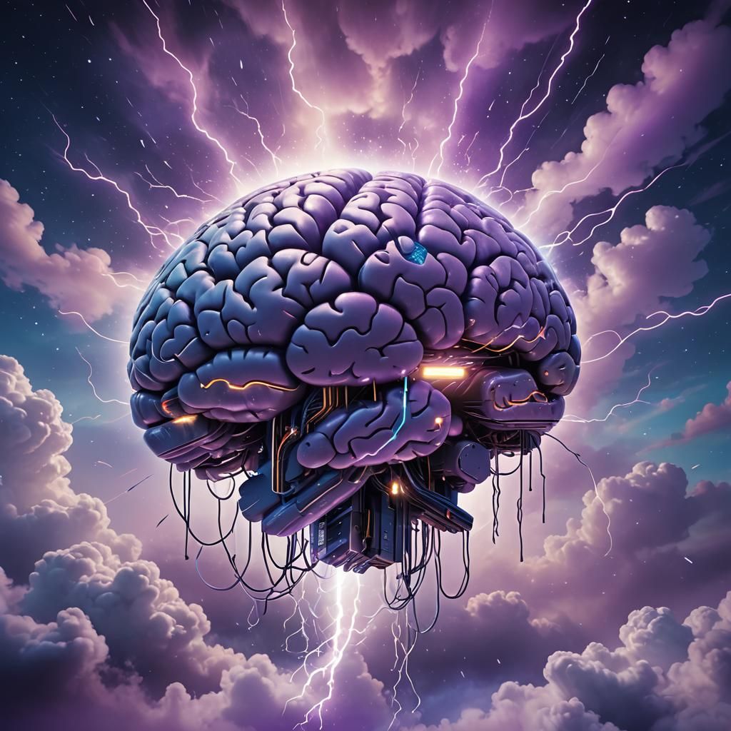 Brain Soaring Through Dreamy Skies in Sci-Fi Art