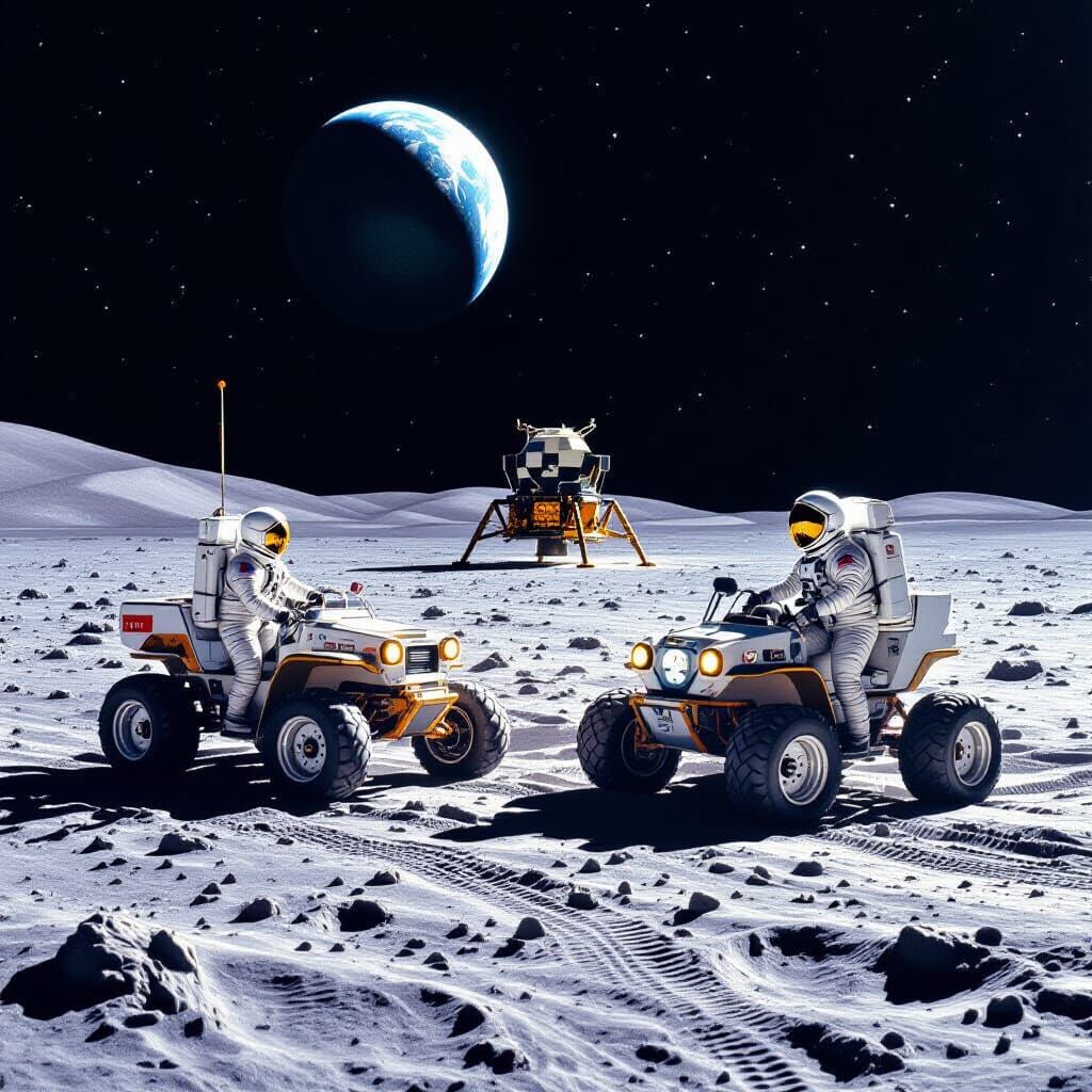 Astronauts Explore Lunar Surface with Moon Buggy