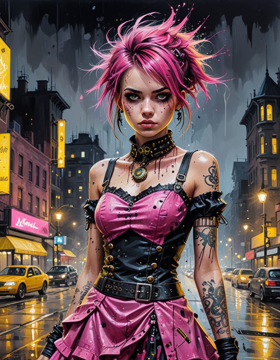 Steampunk Punk Girl in Night City: Oil Painting