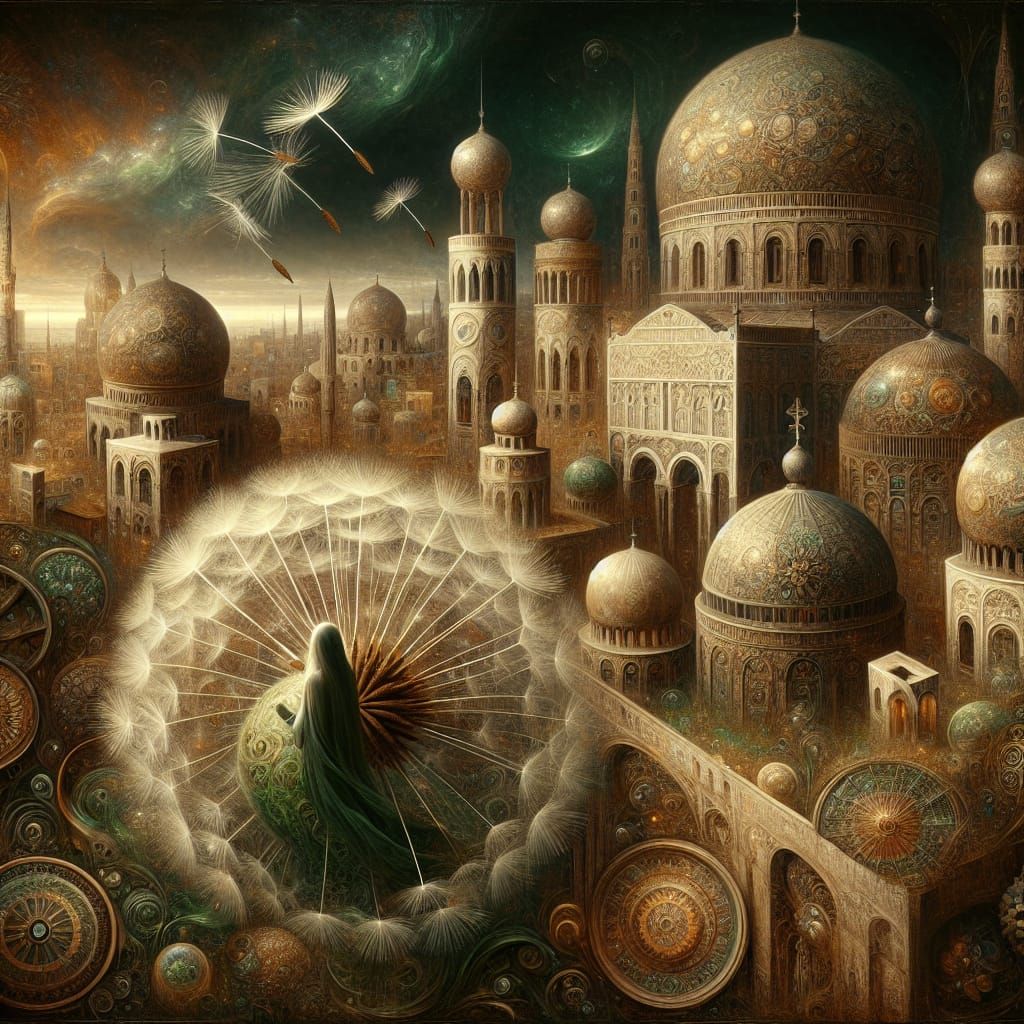 Dandelion Seed Figure in Fantastical Cityscape