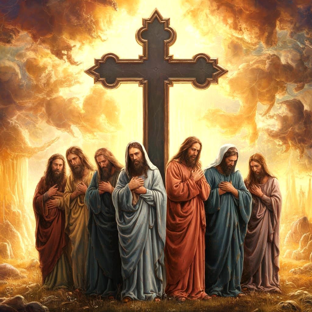 Sorrowful Followers Contemplate Christ's Sacrifice in Majest...