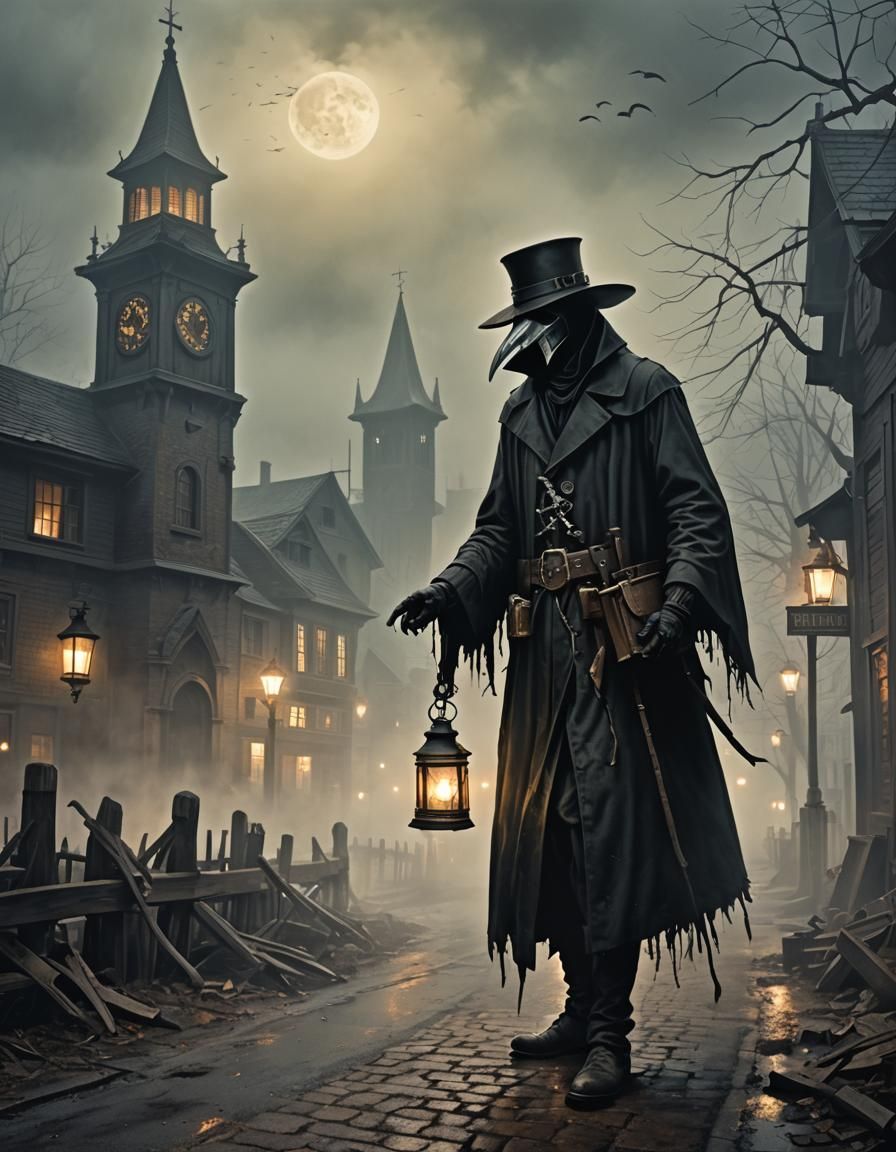 Sinister Plague Doctor in Dark Gothic Town