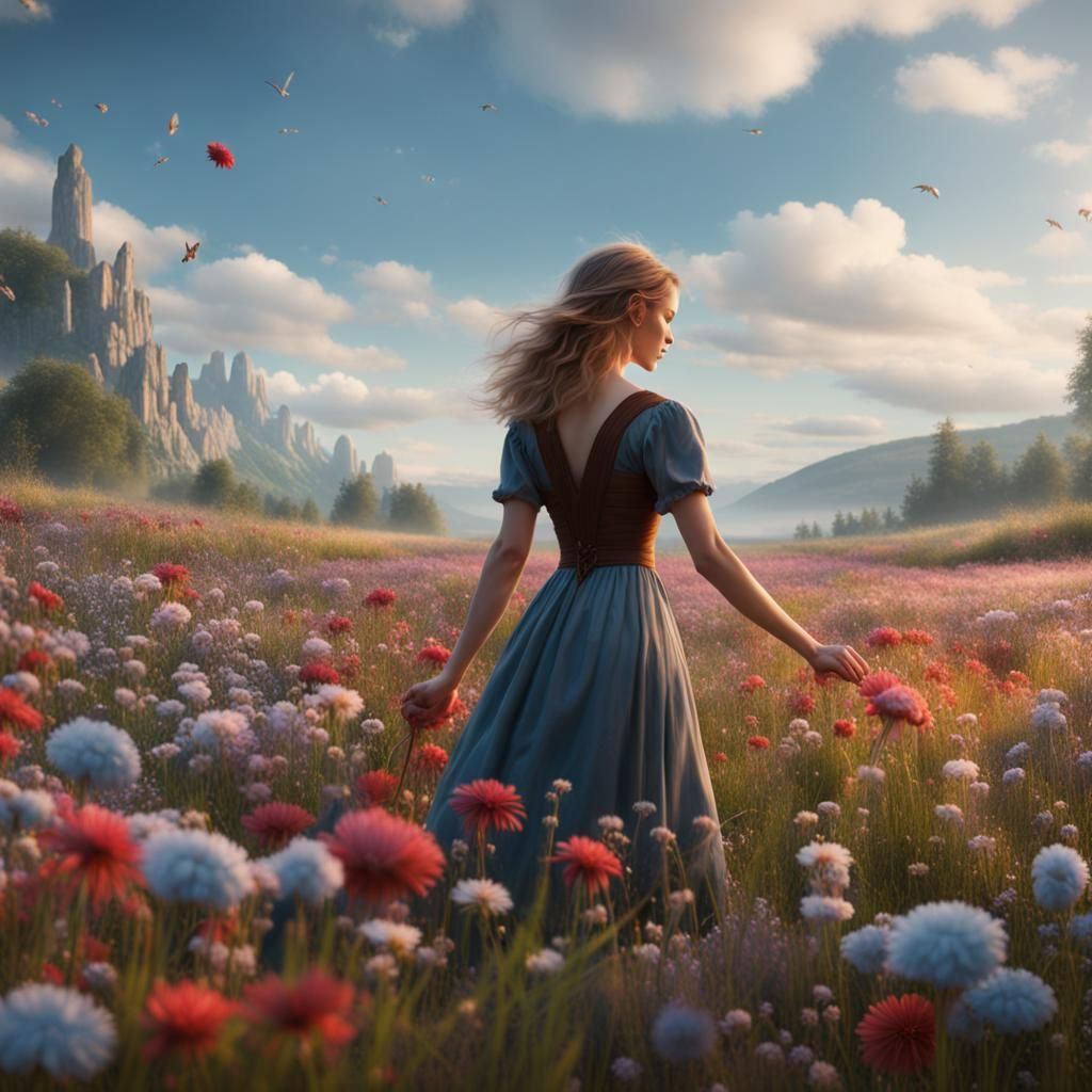 Flower Meadow with Woman: Fantasy Concept Art