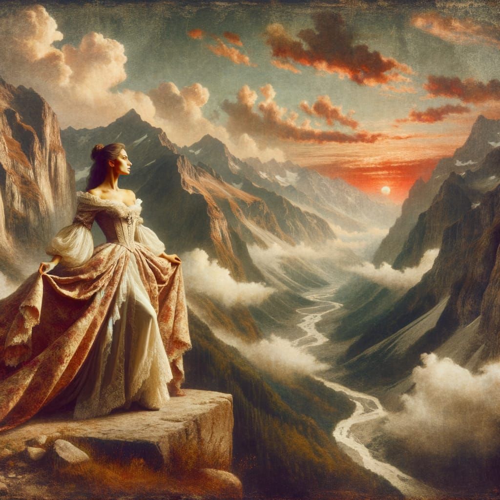Elegant Woman Contemplates Valley Below in Baroque Oil Paint...