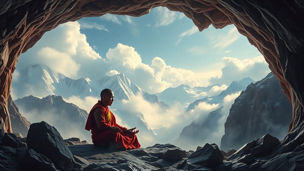 Meditating Monk in Mystical Cave
