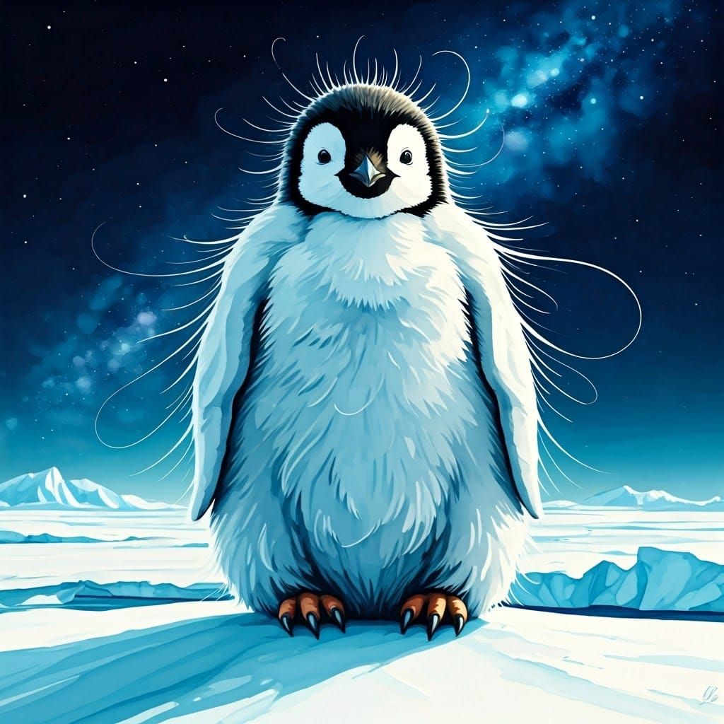 Happy Penguin in Alcohol Ink Under Starry Sky