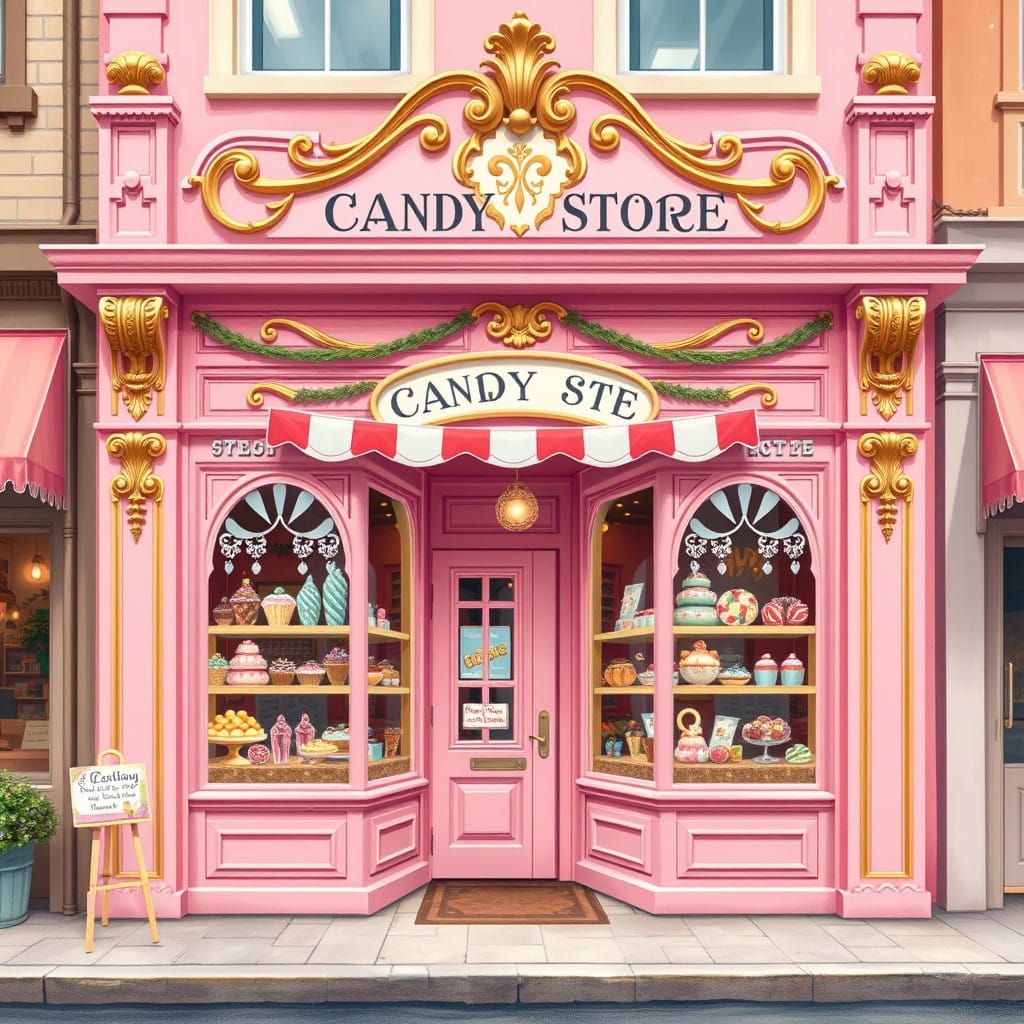 Whimsical Pastel Pink Candy Store with Golden Accents