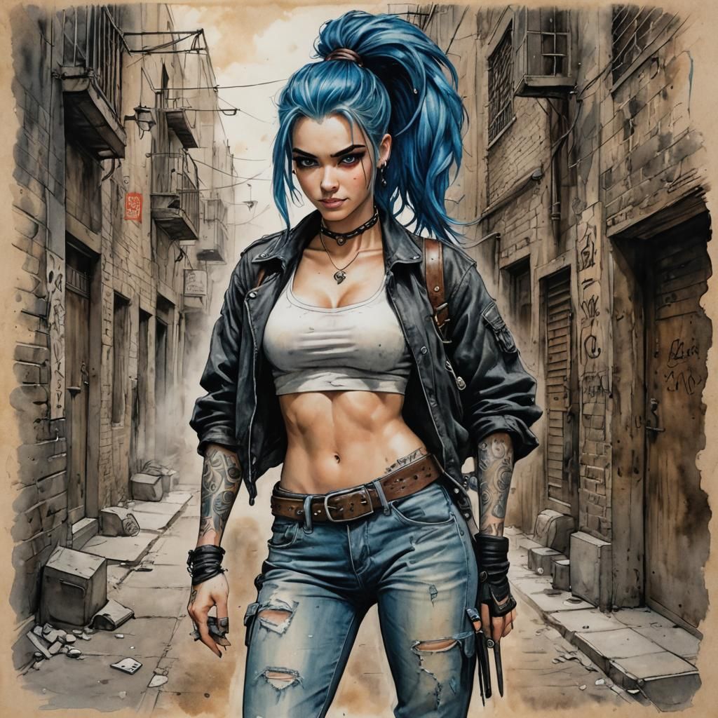 Blue-Haired Street Fighter Girl in Vivid Colors