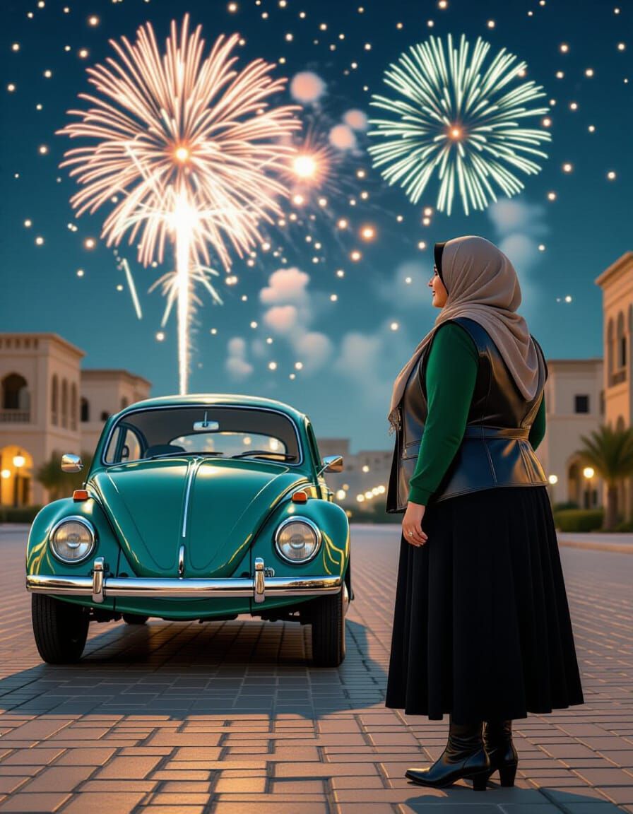 Middle Eastern Woman in Hijab Watches New Year Fireworks