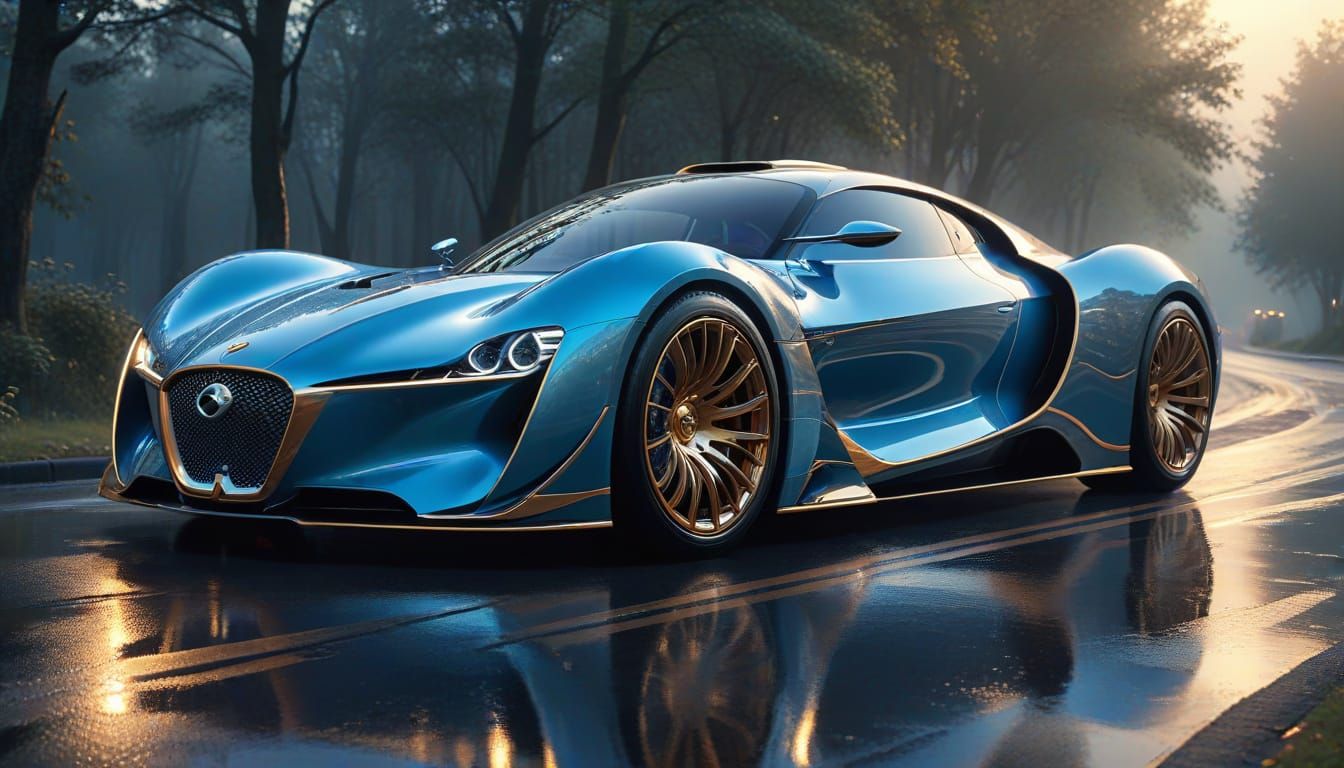 Luxury Car on Misty Road in Art Nouveau Style