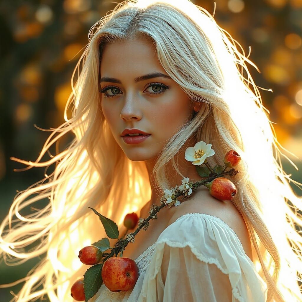 Ethereal Woman with Flowing Silver Hair and Flowers