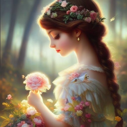 Enchanting Girl with Roses Portrait in Whimsical Style
