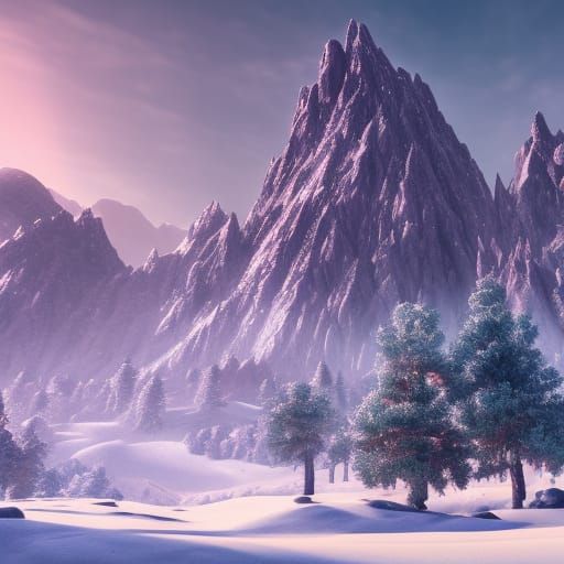 Snowy Winter Mountains in Detailed Matte Painting