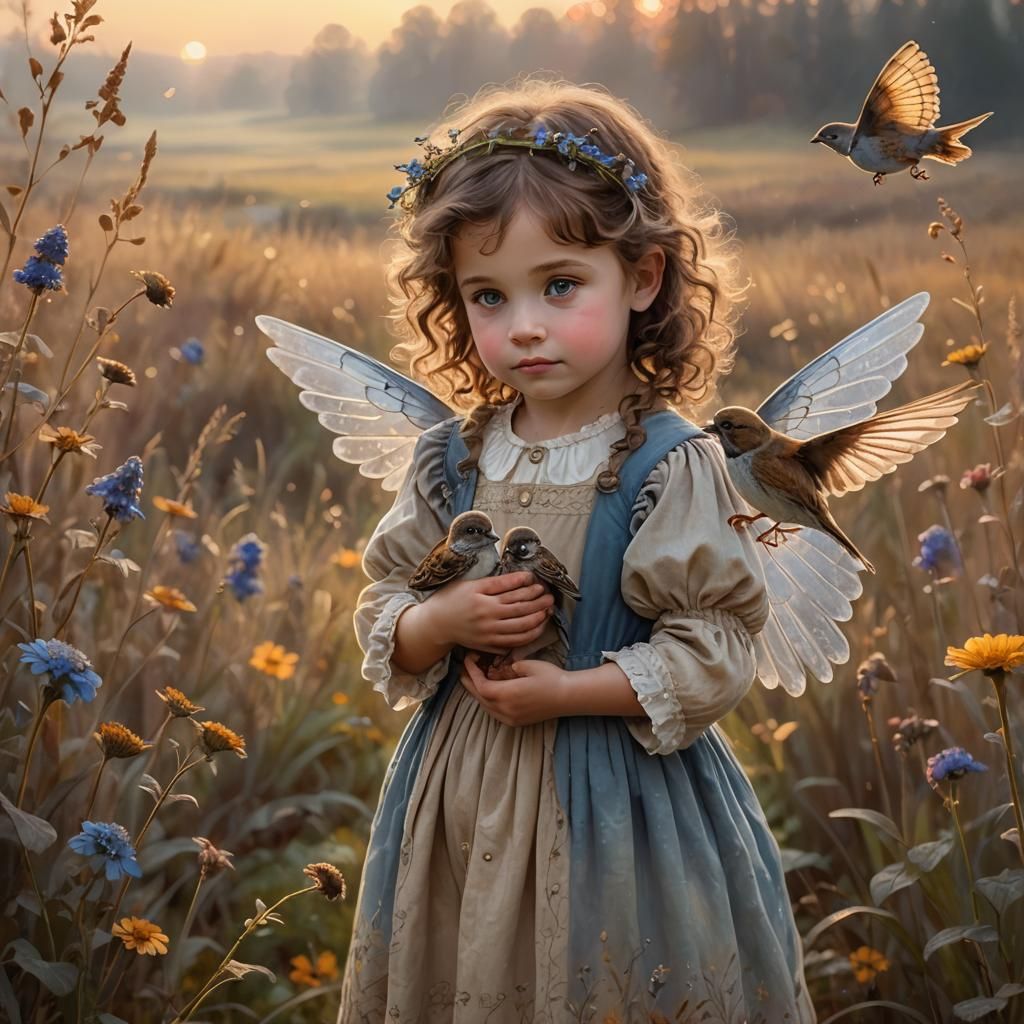 Magical Girl and Sparrow in Impressionist Meadow
