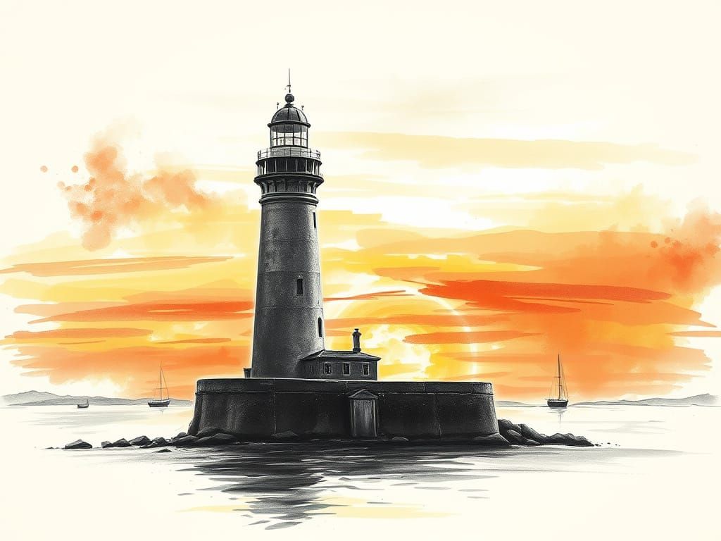 Charcoal Lighthouse Illustration with Sunset Color Splash
