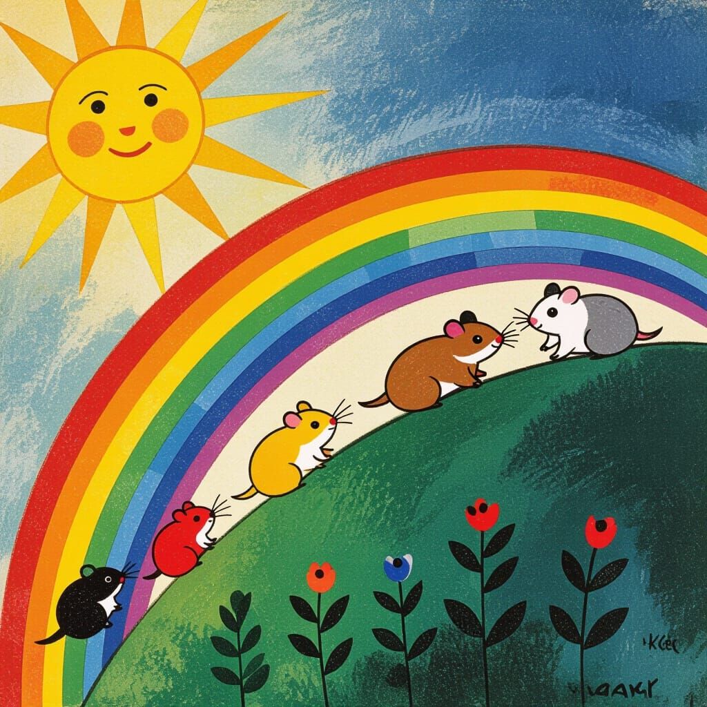 Hamsters Race Towards a Rainbow in Vibrant Style