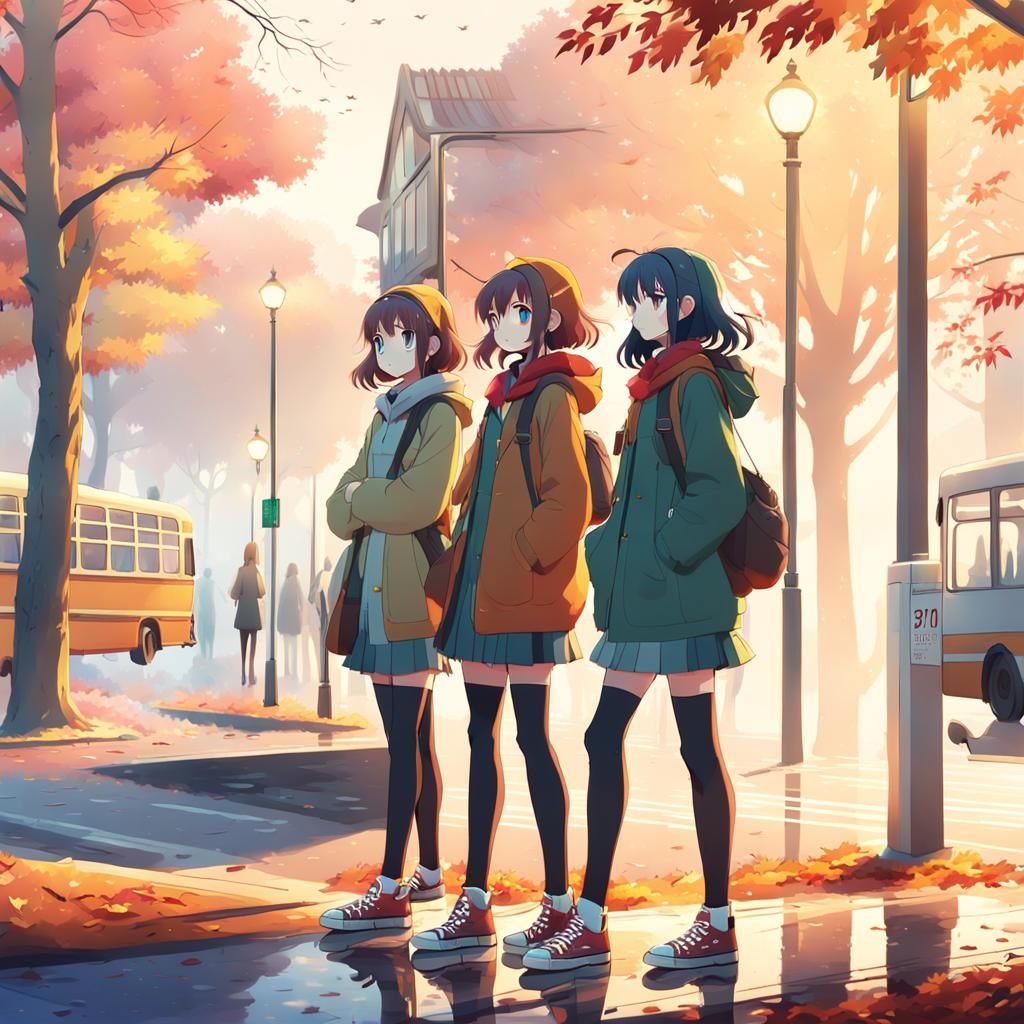 Italian Girls at Misty Bus Stop: Anime Key Visual