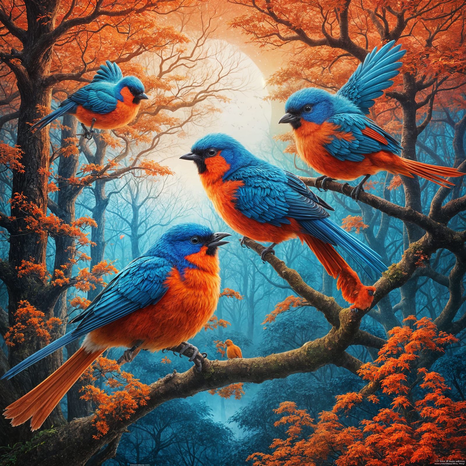 Fluorescent Birds Flying in a Magical Glowing Forest