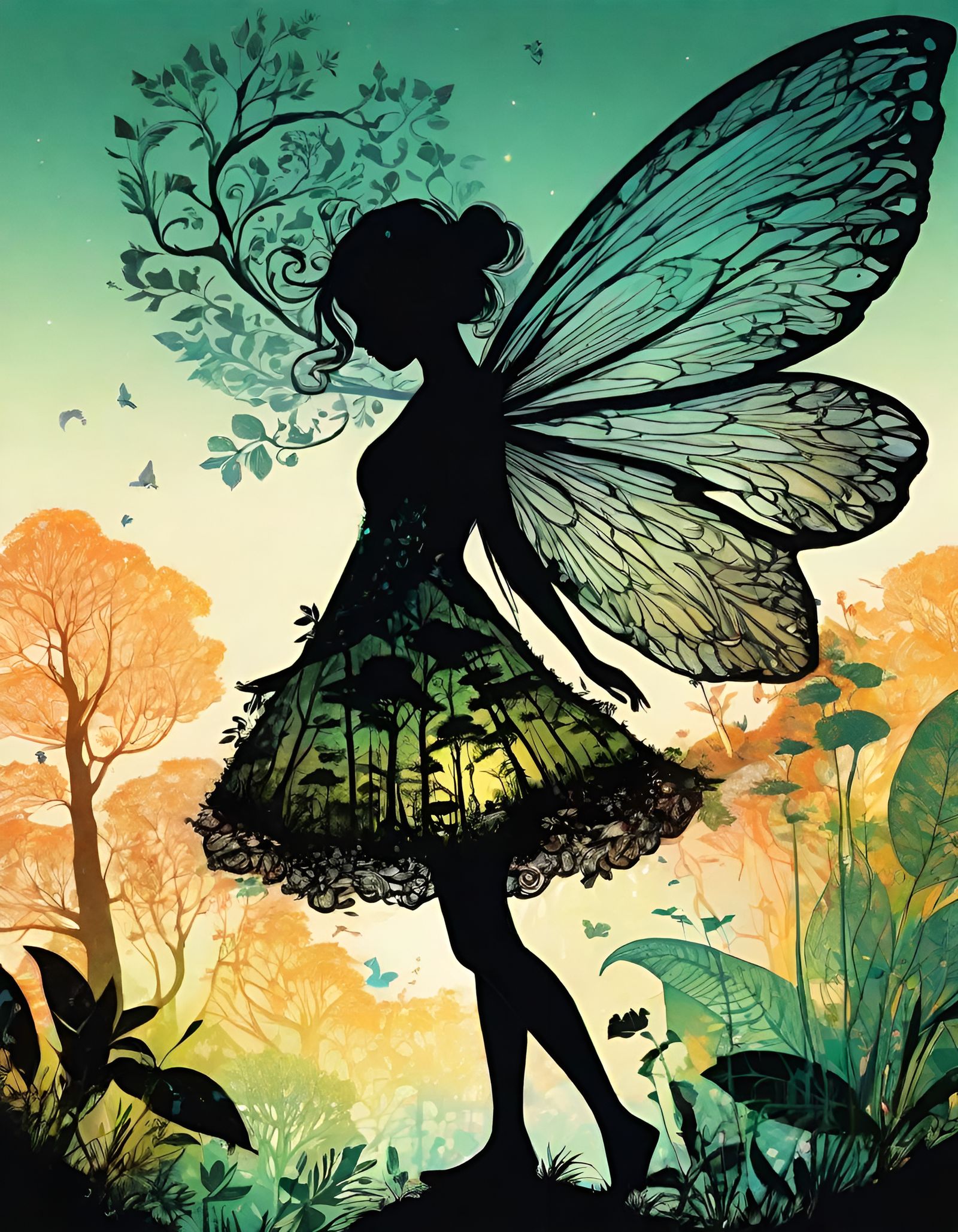 Detailed Double Exposure: Fairy and Nature in Anime Style