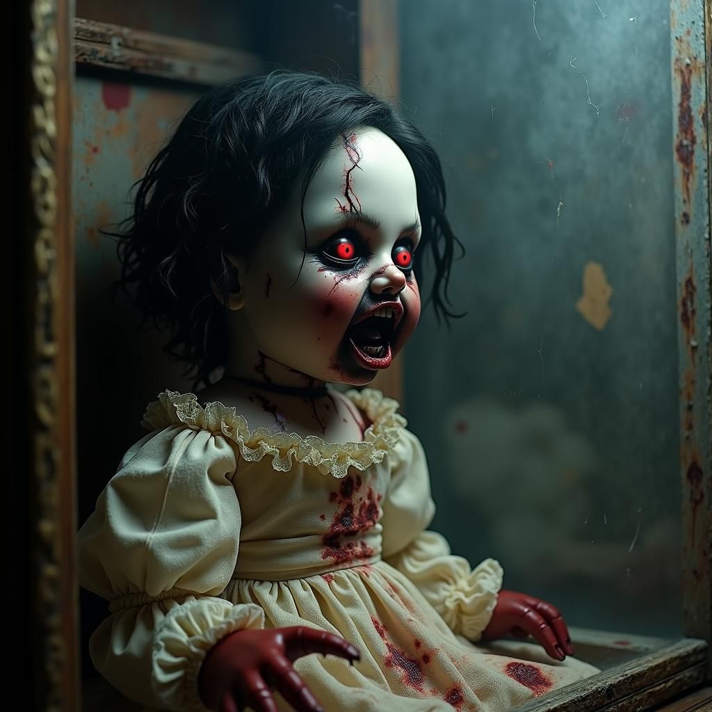 Grotesque Victorian Doll in Shattered Glass Display