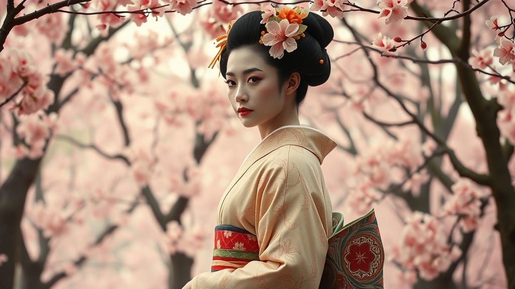 Geisha in Sakura Wood: Ukiyo-e Style