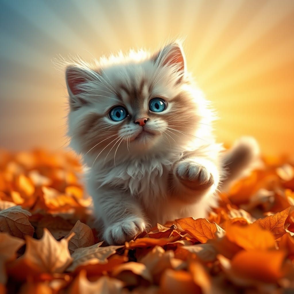 Fluffy Birman Kitten Frolicking in Autumn Leaves
