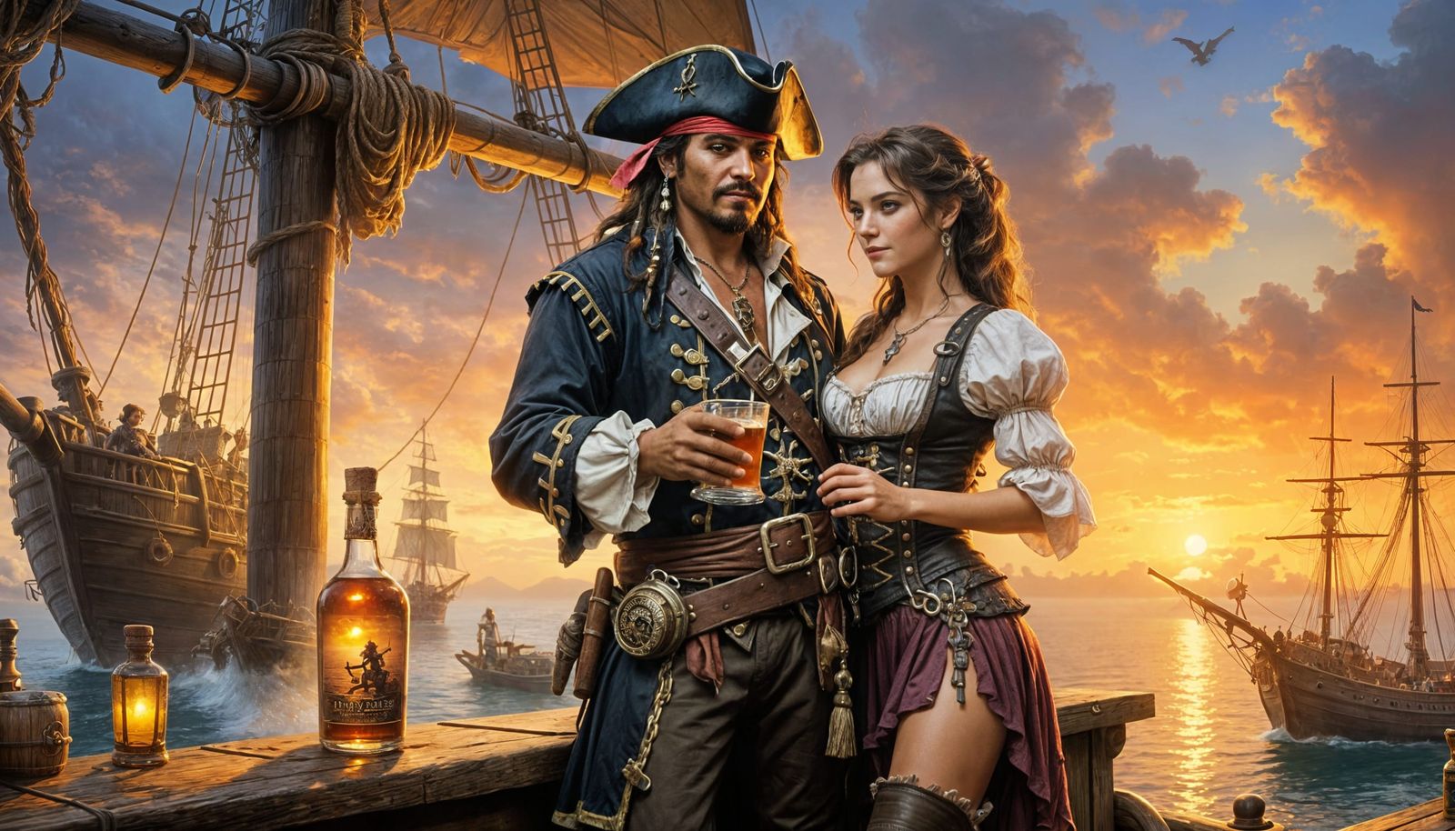 Pirate and Barmaid Embrace at Sunset in Kinkade Style