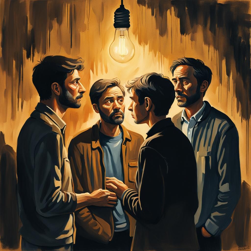 Frightened People in Dimly Lit Room Gouache Painting