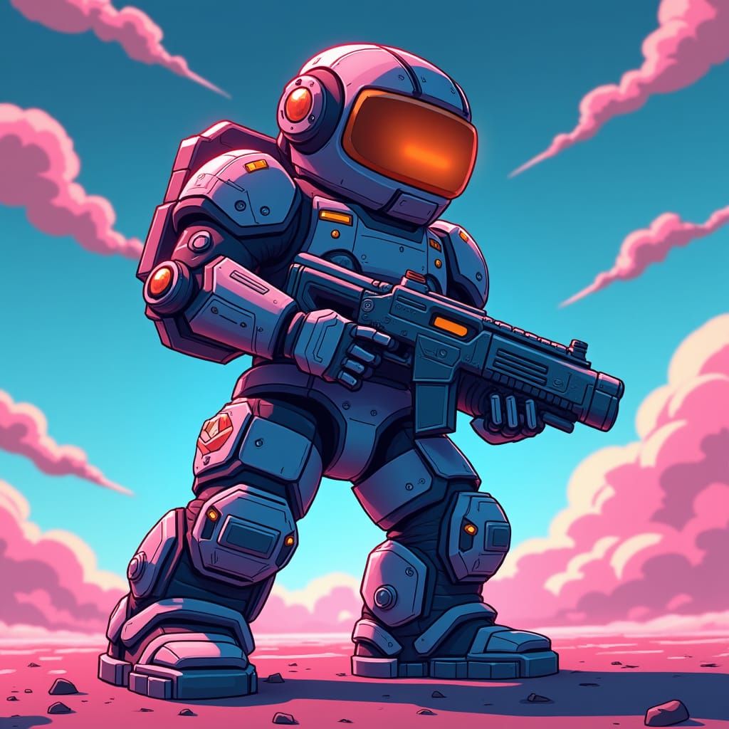 Anime-Style Sci-Fi Gunner in Space Exosuit