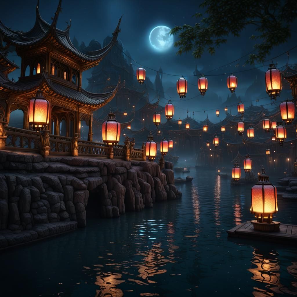 Fantastical Water Lanterns at Night in Digital Art