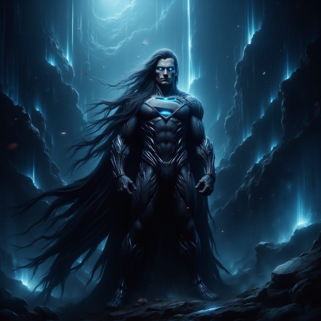 Evil Superman Under Dark Ocean in Photorealistic Style