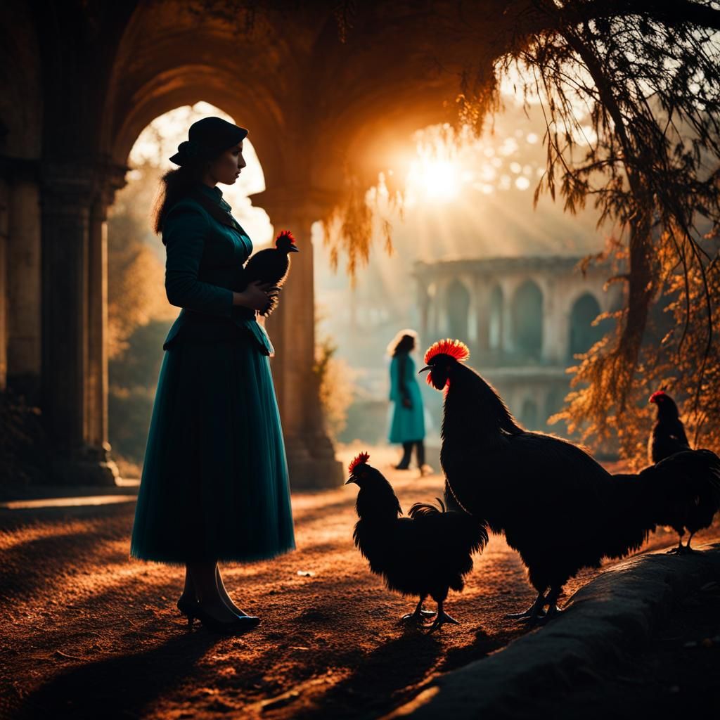 Enigmatic Women with Chickens: Ornate Cinematic Portrait
