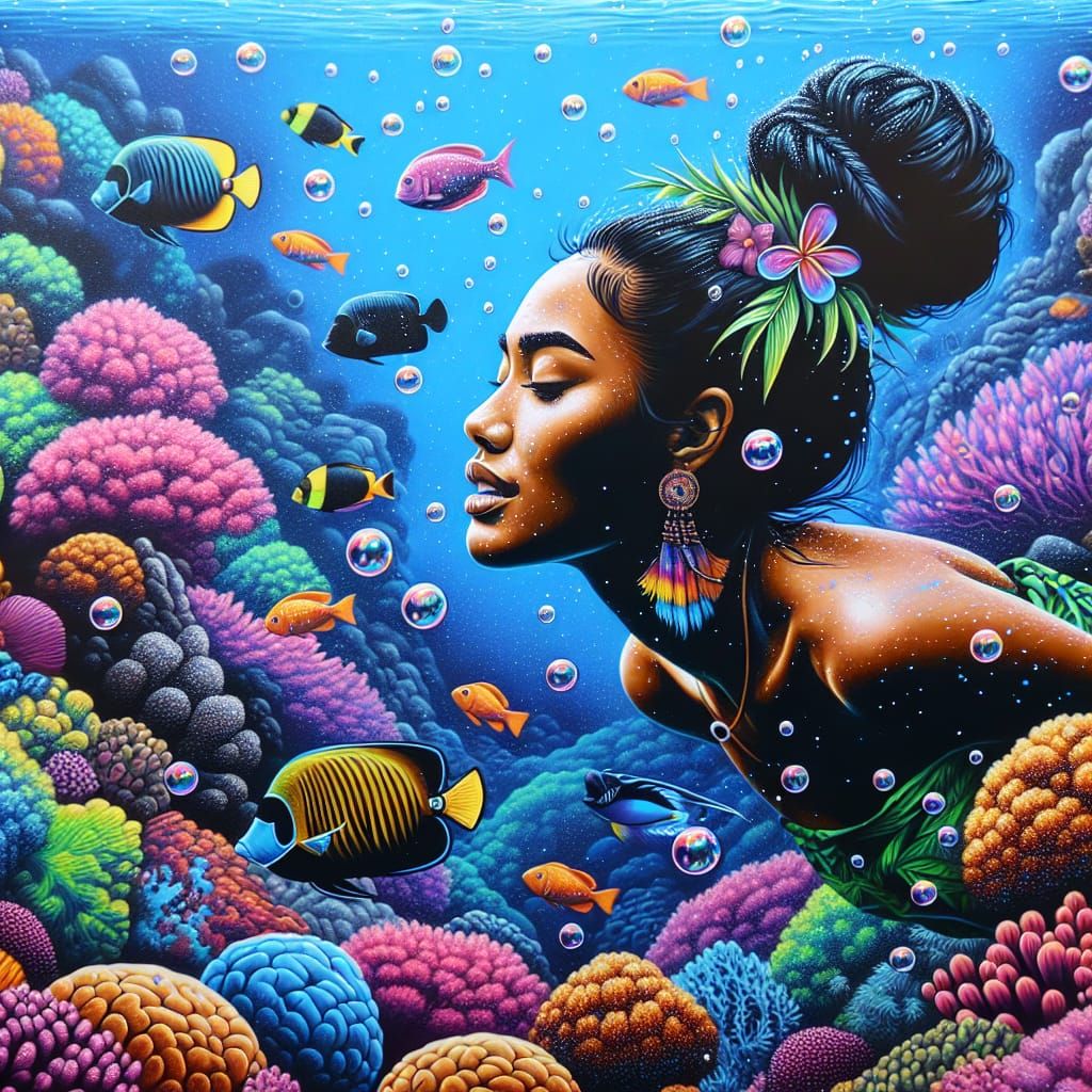 Polynesian Goddess Amidst Vibrant Coral Reefs in Glossy Oil...