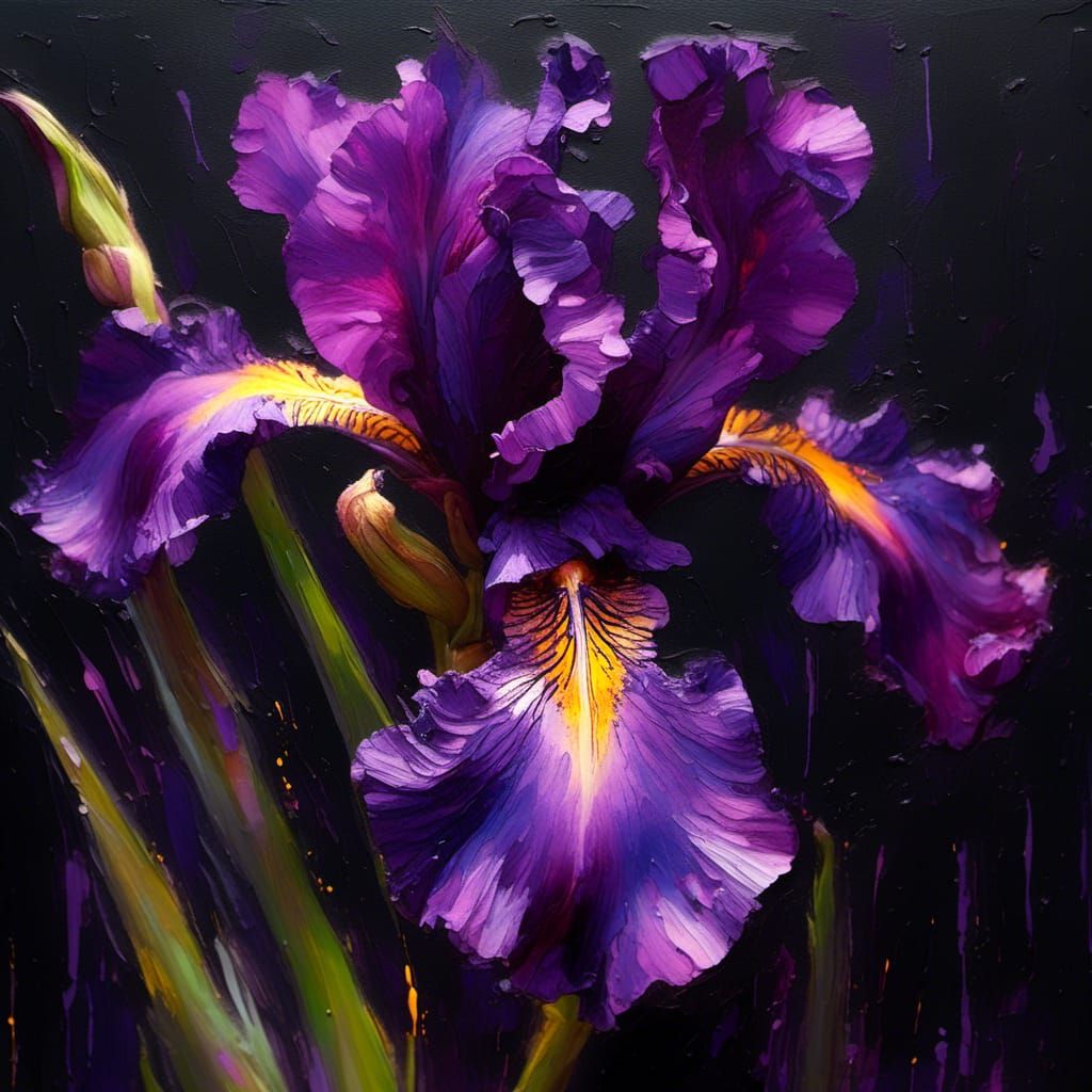 Macro Oil Painting of a Purple Bearded Iris