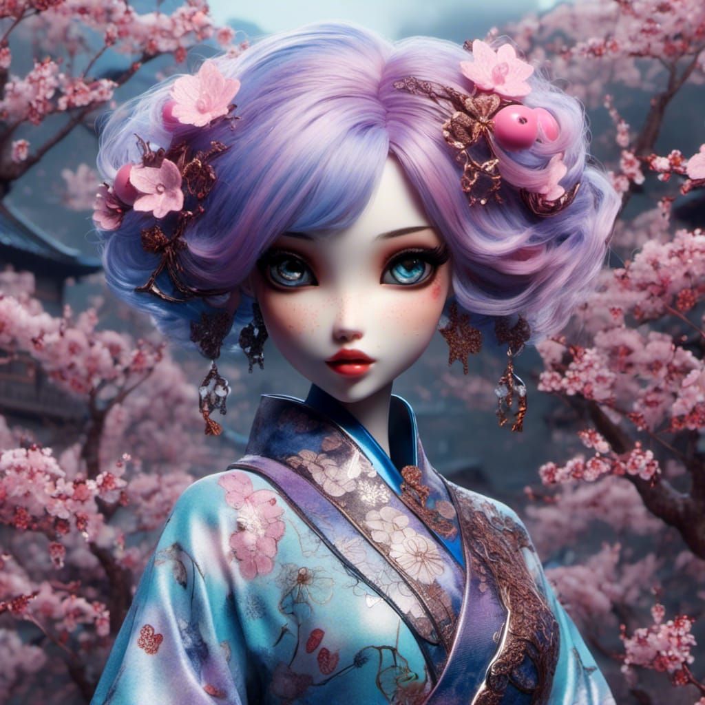 Doll with Pink Hair in Japanese Pop Art Style