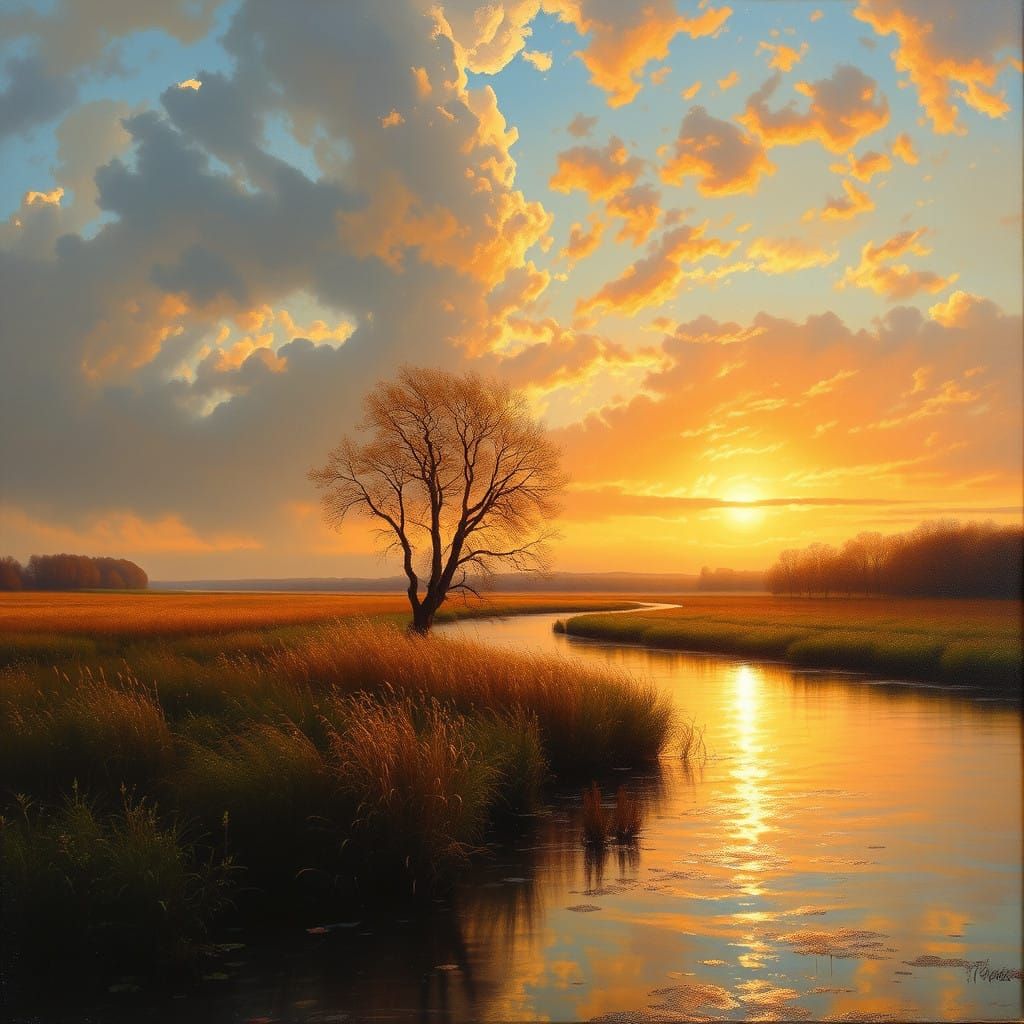 The painting "Sunset on the river" by Peder Merk Mensted, Imbued with a sense of atmosphere and inspiration, the landsca...