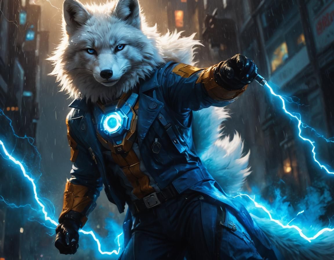 Arctic Fox Superhero Unleashing Lightning