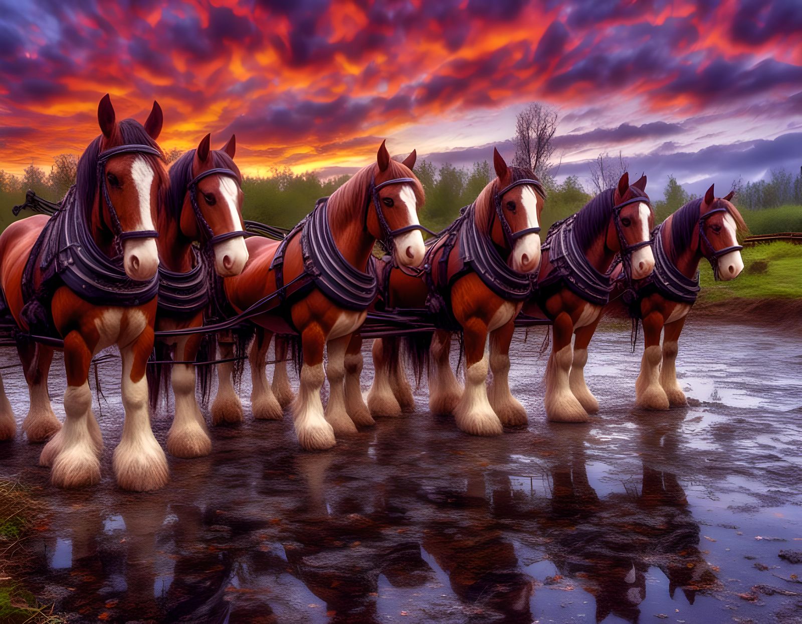 Clydesdales Splashing in Water