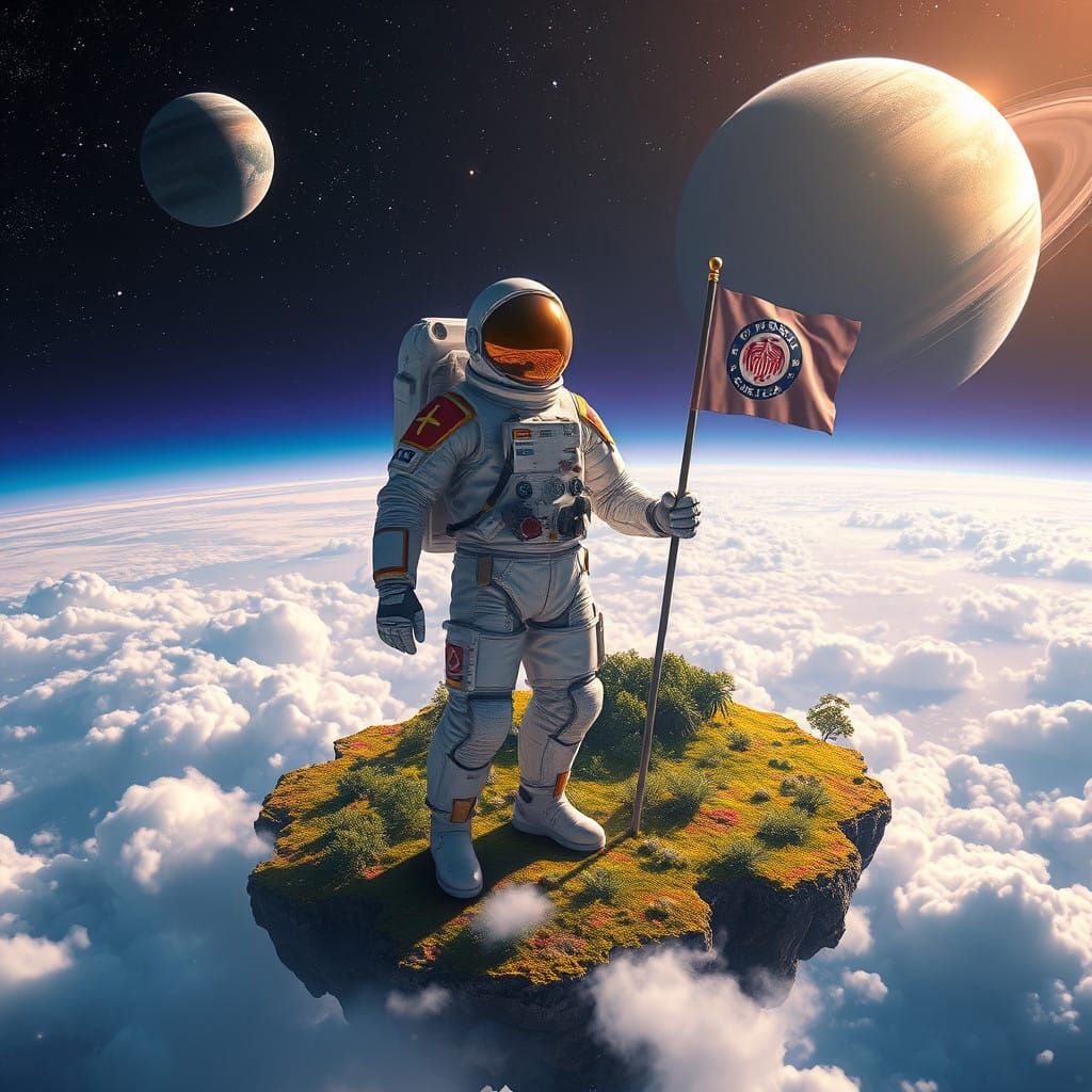 Heroic Astronaut Plants Flag on Lush Floating Island in Spac...