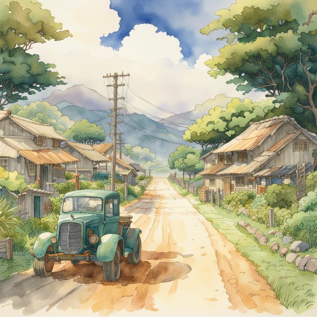 Hawaiian Countryside Road in Watercolor Style