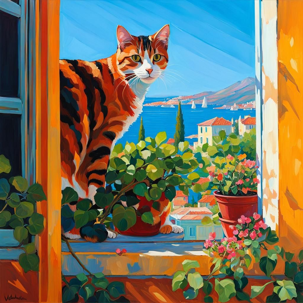 Cat Gazing at Mediterranean Village View