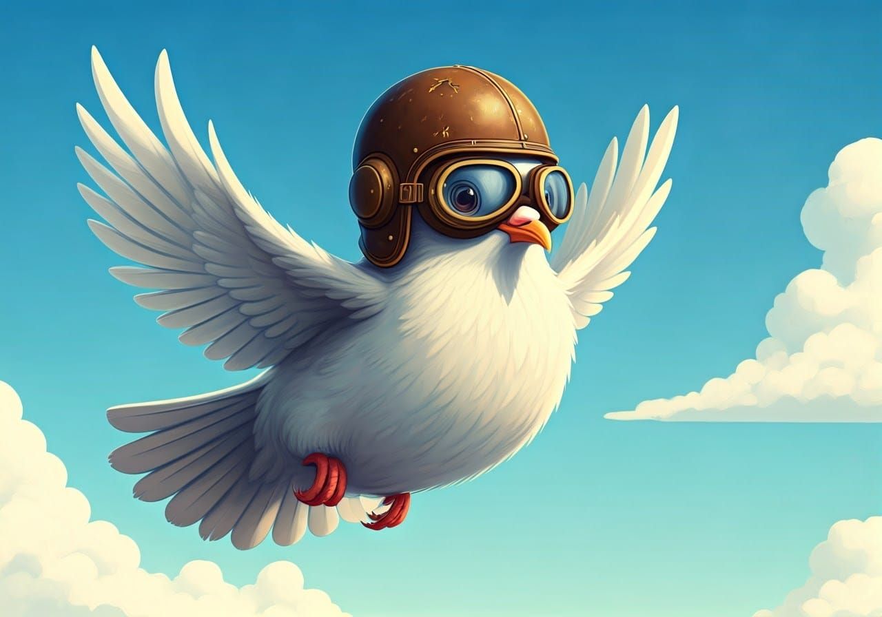 Stylized Dove in Vintage Aviator Gear Soars Through Sunny Sk...
