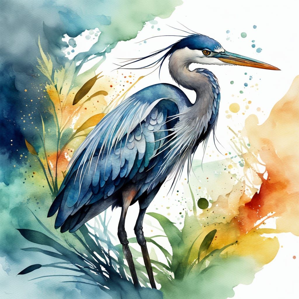 Whimsical Watercolor Heron Amidst Reeds