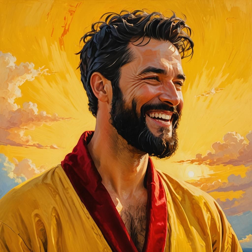 Laughing Man in Velvet Robe: Impressionist Oil Painting