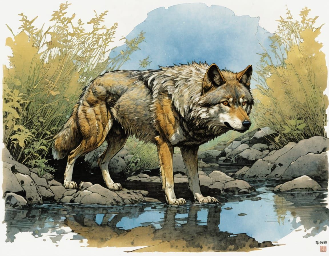 Japanese Wolf Illustration in Manga Style